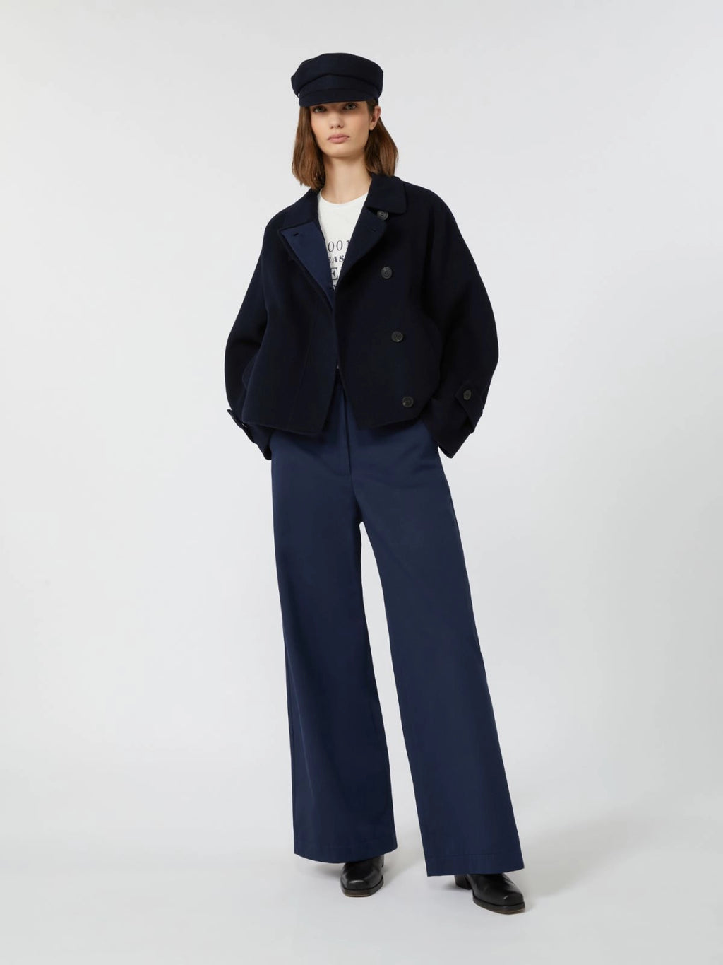 Cappotto crop in drap di Lana blu