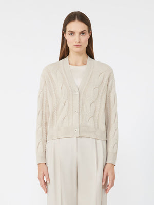 Cardigan beige in lana e cashmere a trecce