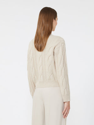 Cardigan beige in lana e cashmere a trecce